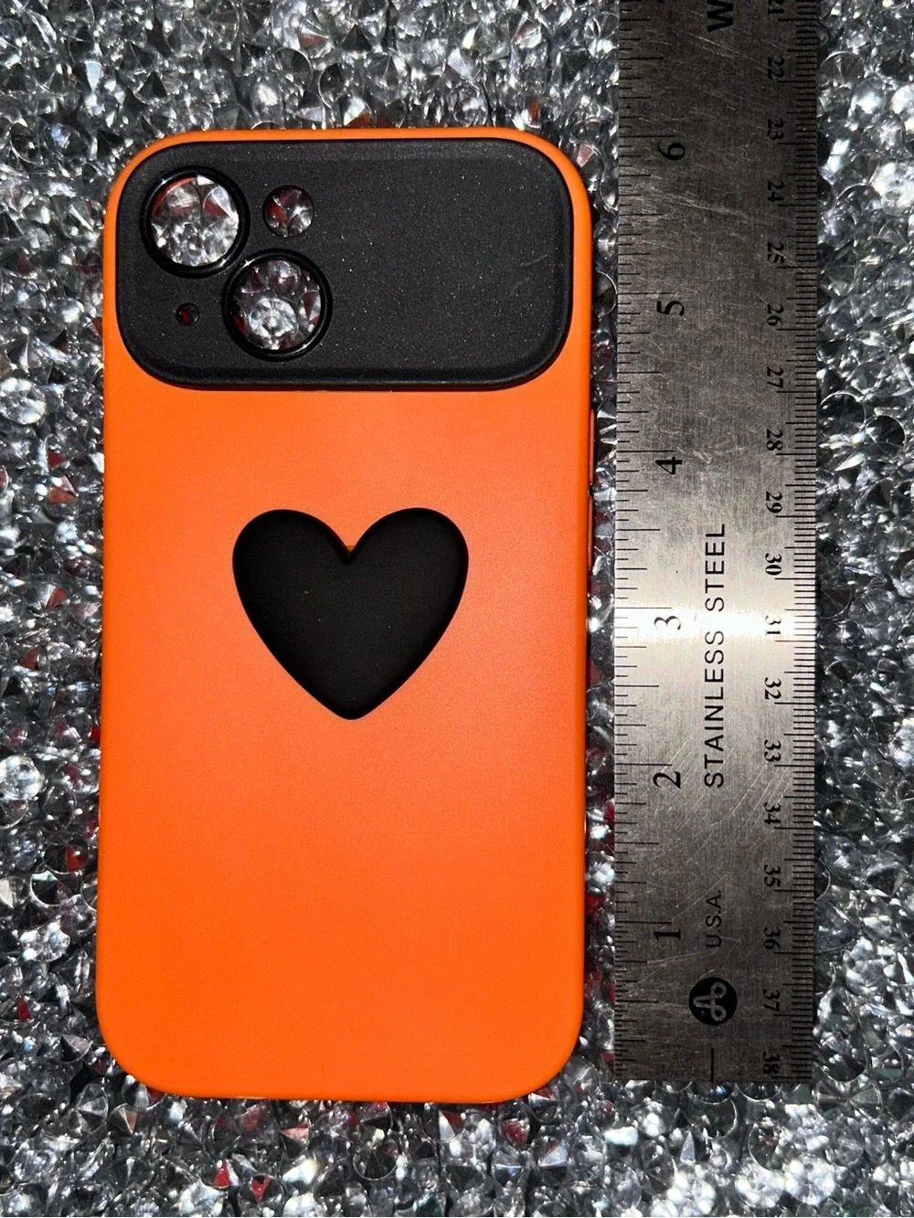 iPhone 15 Orange Heart Silicone Phone Case with Black Camera Cover
